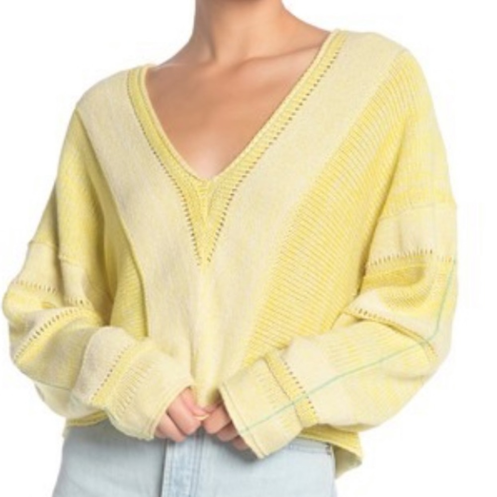 S 🔖 FREE PEOPLE Lemonade Stand Sweater Yellow V-neck Lemonade $128 OB962004 - Picture 9 of 11